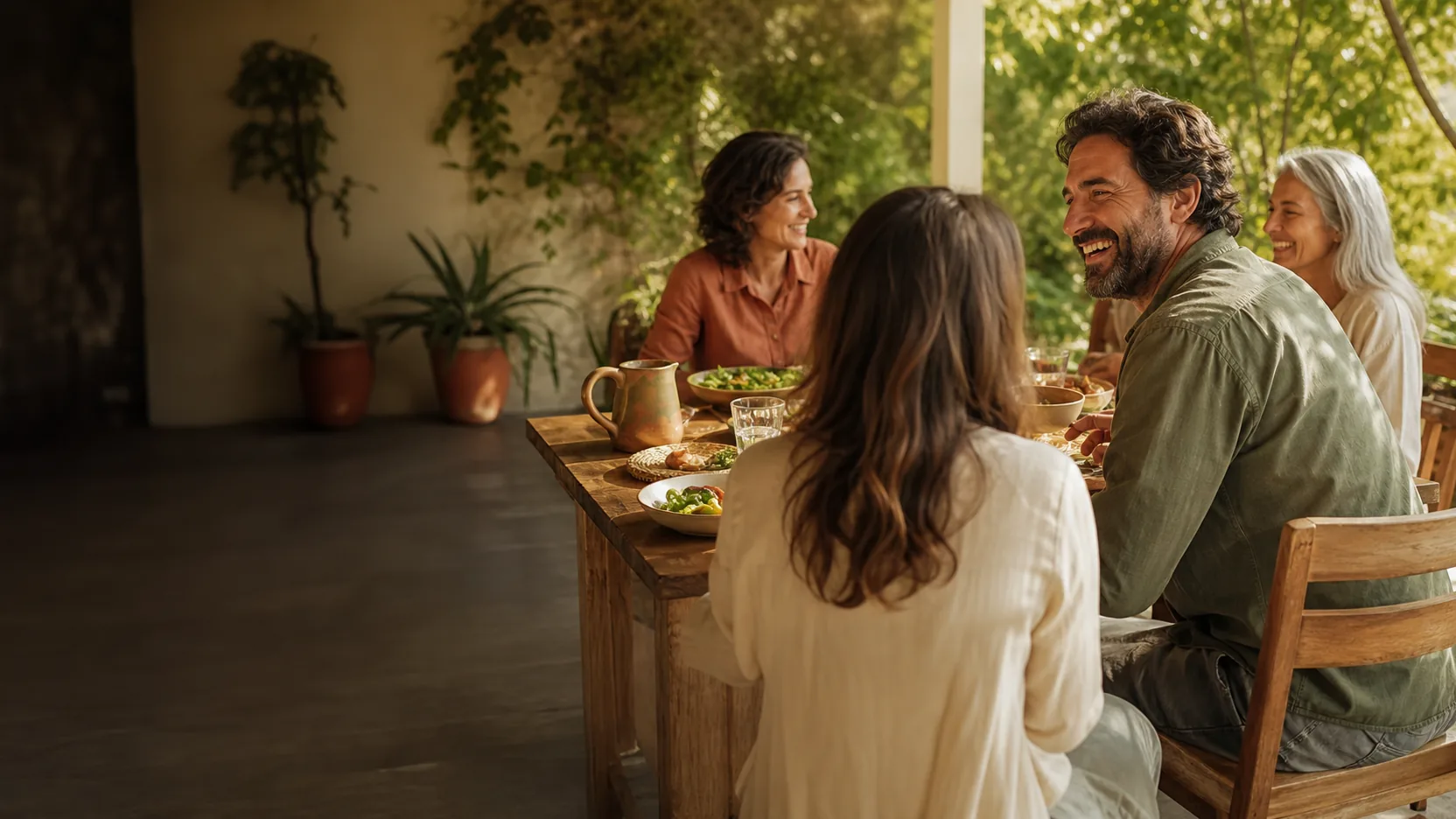 Uma família em um almoço tranquilo de fim de semana enquanto o portfólio continua trabalhando